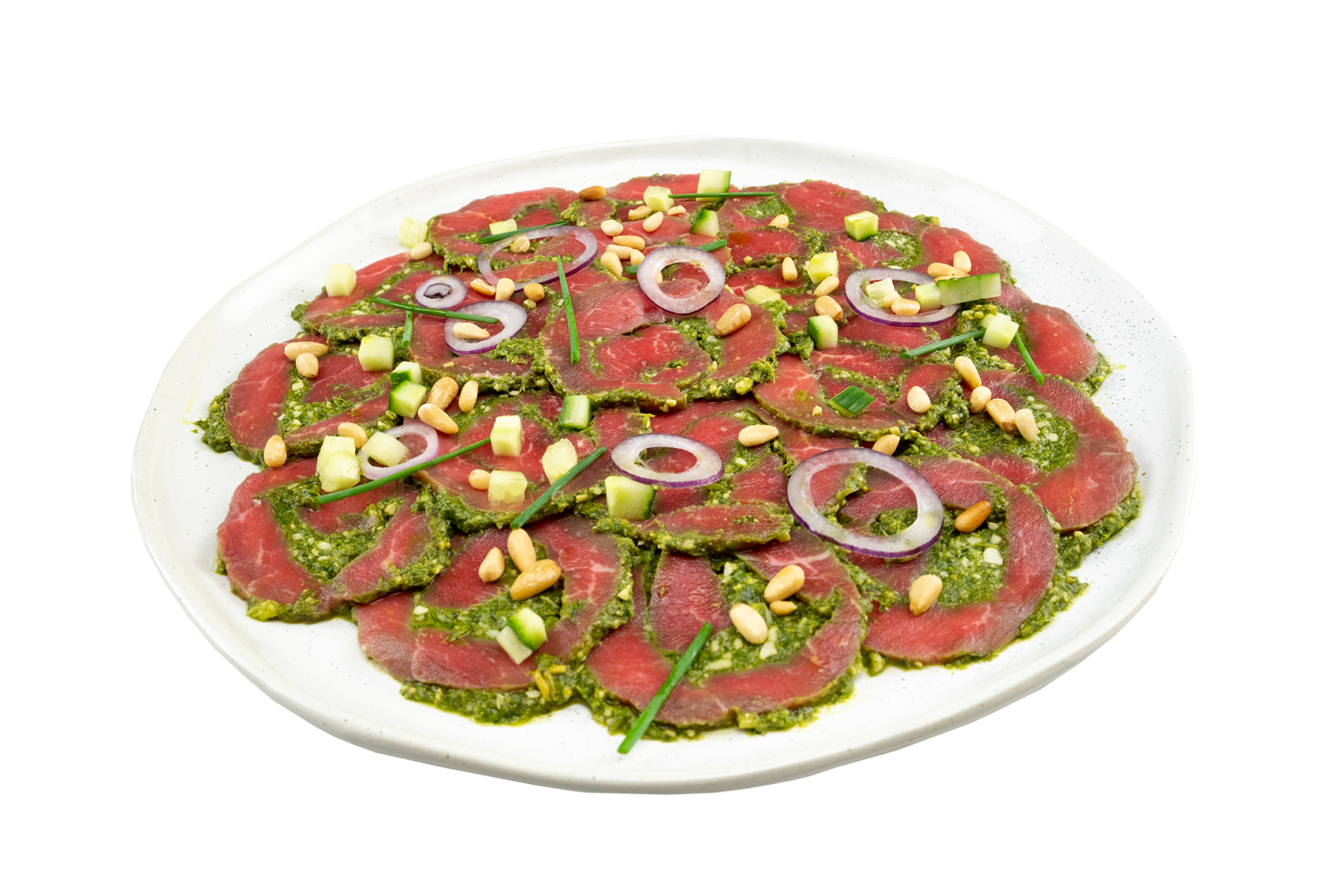 Carpaccio ingerold met rucola pesto