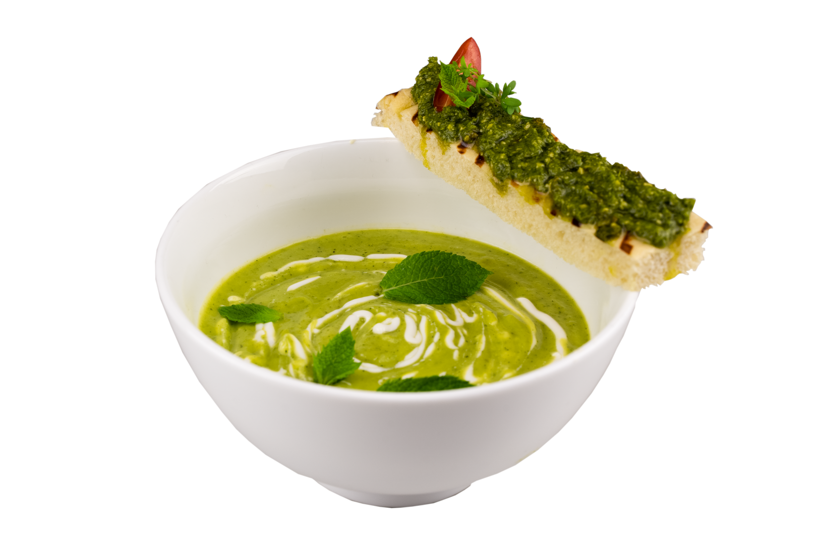 Courgette-munt soep met een focaccia Basilicum Pesto